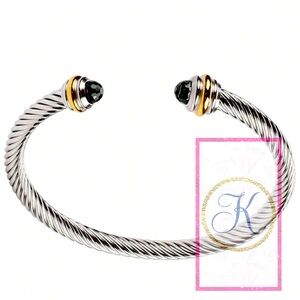 Black Onyx Cable Bangle Bracelet, Twisted Cable Bangle